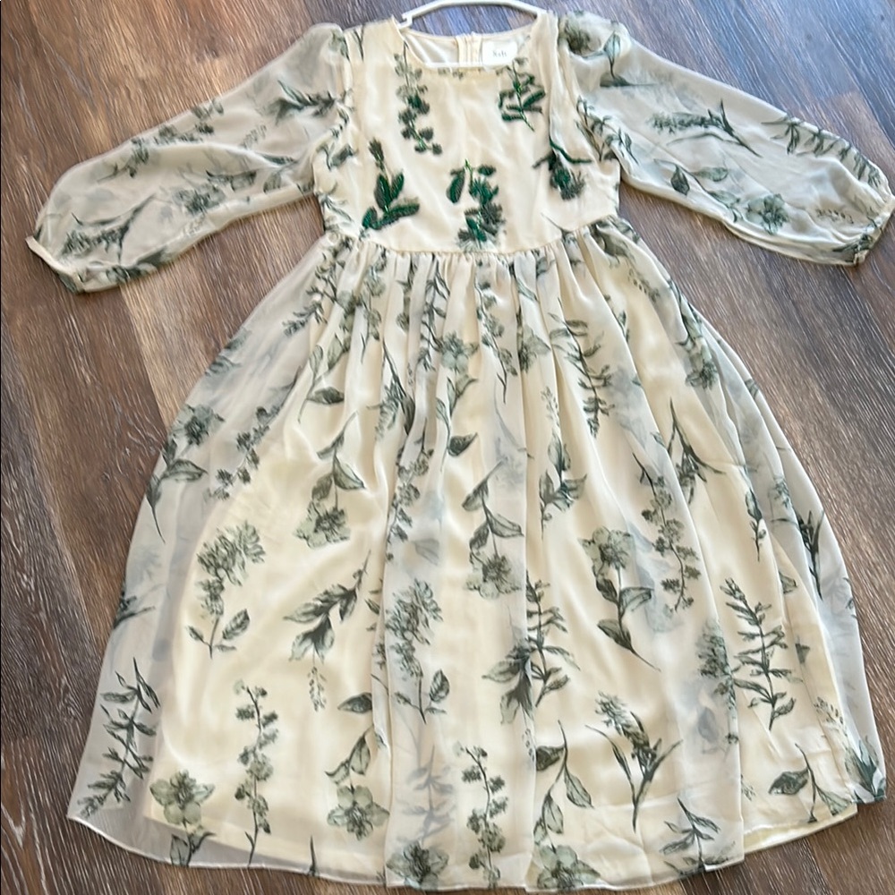 “Salt” Floral Cream and Green midi dress